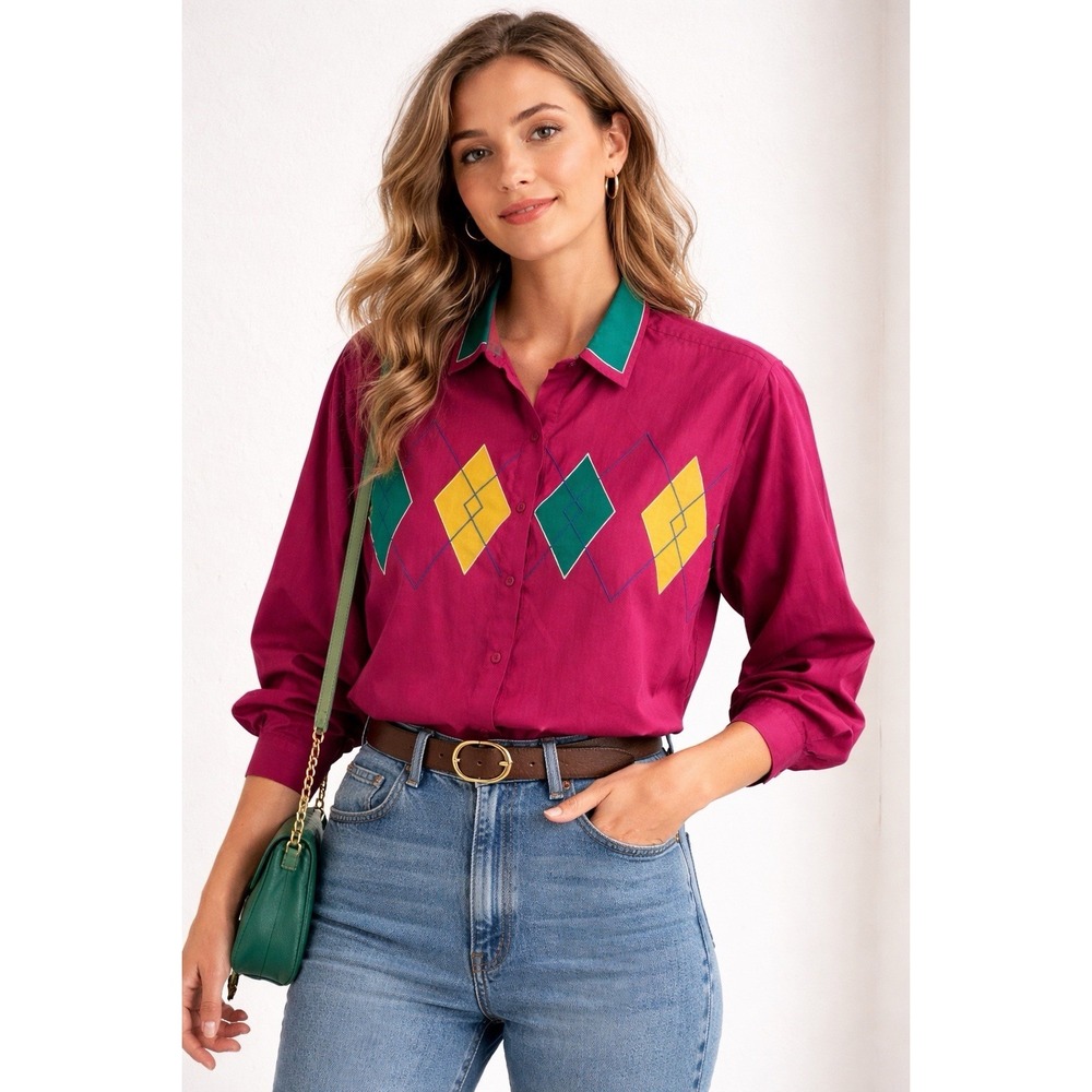 Vintage Silky 90s Icon Colorblock Koret  Blouse Womens M Pink Retro Geometric